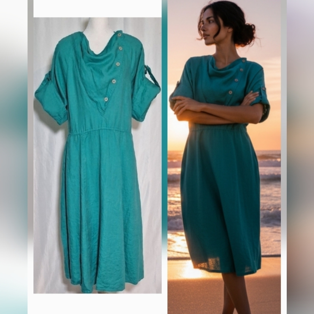 Green and Blue Cowl Neck Midi Sundress with Cuffed Sleeves 100% Linen